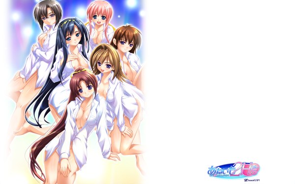 Anime picture 1680x1050 with aneimo long hair blush short hair breasts open mouth blue eyes light erotic black hair brown hair wide image purple eyes multiple girls blue hair pink hair nipples ponytail red hair open clothes open shirt
