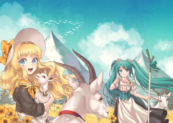 Anime picture 1500x1067 with vocaloid hatsune miku seeu tanpi long hair open mouth blue eyes blonde hair twintails multiple girls cloud (clouds) horn (horns) aqua eyes aqua hair mountain girl dress flower (flowers) 2 girls hat