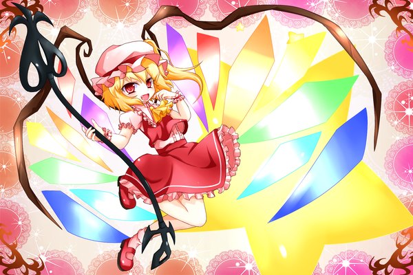 Anime picture 1800x1200 with touhou flandre scarlet takatoiyori single highres short hair blonde hair smile red eyes full body fang (fangs) one side up girl skirt weapon hat wings bonnet skirt set laevatein (touhou)