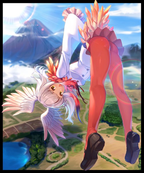 Anime picture 1500x1809 with kemono friends crested ibis (kemono friends) joey koguma single long hair tall image looking at viewer fringe open mouth light erotic yellow eyes payot sky silver hair cloud (clouds) full body ass long sleeves from above sunlight