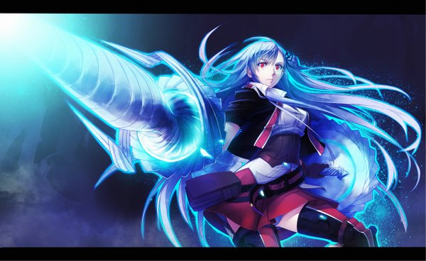 Anime picture 1236x760 with valkyria chronicles riela marceris pen (steelleets) long hair red eyes wide image silver hair letterboxed girl skirt weapon miniskirt belt