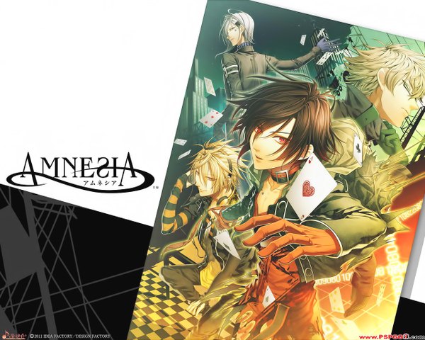 Anime picture 1280x1024 with amnesia idea factory shin (amnesia) toma (amnesia) ikki (amnesia) kent (amnesia) hanamura mai looking at viewer short hair blue eyes blonde hair red eyes brown hair green eyes yellow eyes silver hair scan open clothes open jacket official art