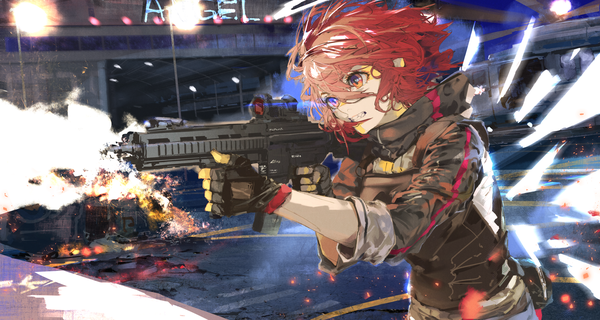 Anime picture 2708x1447 with arknights exusiai (arknights) kiriyama single fringe highres short hair hair between eyes wide image standing holding looking away upper body red hair wind orange eyes glowing fighting stance clenched teeth military
