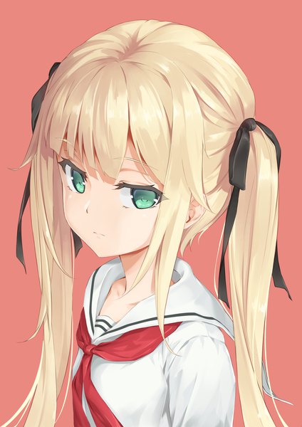 Anime picture 1131x1600 with original bitterpain single long hair tall image looking at viewer fringe simple background blonde hair twintails green eyes payot upper body blunt bangs long sleeves pink background expressionless girl uniform ribbon (ribbons)