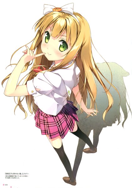 Anime picture 2526x3600 with hentai ouji to warawanai neko j.c. staff azuki azusa kantoku single long hair tall image looking at viewer highres blonde hair smile white background green eyes scan official art shadow finger to mouth girl thighhighs skirt