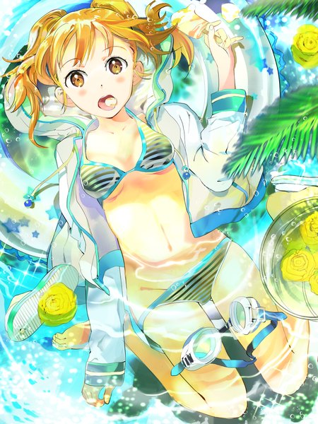 Anime picture 900x1200 with original 119 single tall image looking at viewer blush fringe open mouth light erotic blonde hair twintails yellow eyes bent knee (knees) barefoot open clothes open jacket bare legs bare belly on back girl