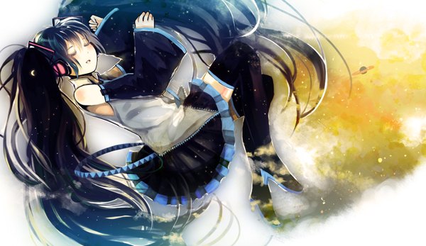 Anime picture 1500x868 with vocaloid hatsune miku miyake achi single long hair black hair wide image twintails eyes closed girl skirt detached sleeves miniskirt headphones thigh boots