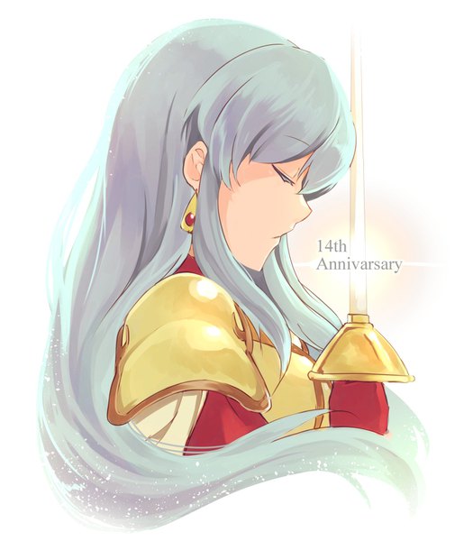 Anime picture 1500x1714 with fire emblem fire emblem: the sacred stones eirika nakabayashi zun single long hair tall image simple background white background silver hair upper body eyes closed profile anniversary girl weapon earrings armor spaulder (spaulders) rapier