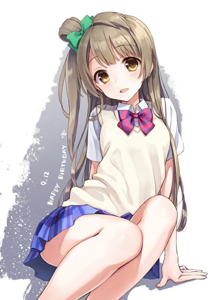 Anime picture 600x840 with love live! school idol project sunrise (studio) love live! minami kotori rimo single long hair tall image blush fringe open mouth brown hair brown eyes pleated skirt arm support one side up happy birthday girl skirt bow