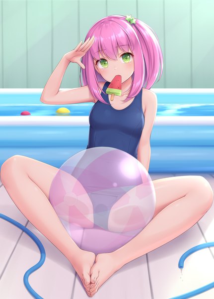 Anime picture 920x1280 with original sasaame single long hair tall image looking at viewer fringe light erotic sitting holding green eyes pink hair full body bent knee (knees) indoors head tilt barefoot arm up spread legs one side up