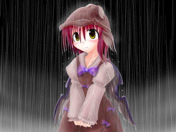 Anime picture 1600x1200 with touhou mystia lorelei des single looking at viewer blush short hair yellow eyes red hair long sleeves wet rain wet clothes sad girl dress bow cap