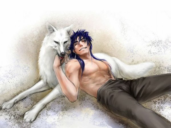 Anime picture 1024x768 with fate (series) fate/stay night studio deen type-moon cu chulainn (fate) shirtless boy animal wolf