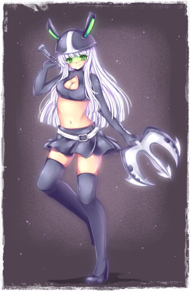 Anime picture 1409x2153 with rayman legends (game) ursula  (rayman legends) midna01 single long hair tall image looking at viewer fringe smile green eyes cleavage white hair bare belly midriff girl thighhighs skirt navel weapon black thighhighs