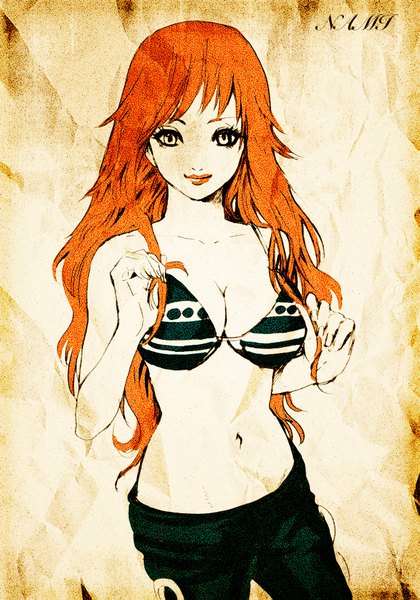 Anime picture 1181x1687 with one piece toei animation nami (one piece) nagasode fusoku single long hair tall image looking at viewer fringe breasts light erotic standing bare shoulders light smile orange hair inscription lipstick monochrome girl navel