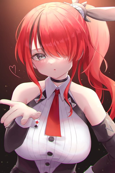 Anime picture 3000x4500 with virtual youtuber nijisanji lain paterson lain paterson (2nd costume) amano kurumi single long hair tall image looking at viewer fringe highres upper body red hair multicolored hair hair over one eye grey eyes streaked hair hand on hip official alternate costume side ponytail