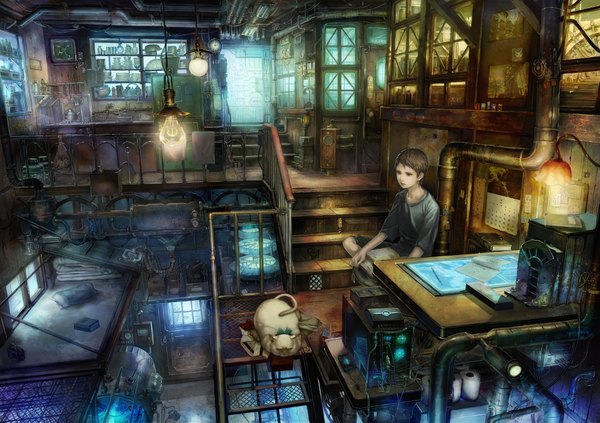 Anime picture 1910x1349 with original munashichi single highres short hair brown hair science fiction detailed boy animal book (books) cat t-shirt clock towel paper lamp shelf picture calendar