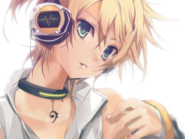 Anime picture 1200x901 with vocaloid kagamine len hekicha single looking at viewer fringe short hair blue eyes simple background blonde hair smile hair between eyes white background bare shoulders upper body ponytail head tilt boy detached sleeves choker