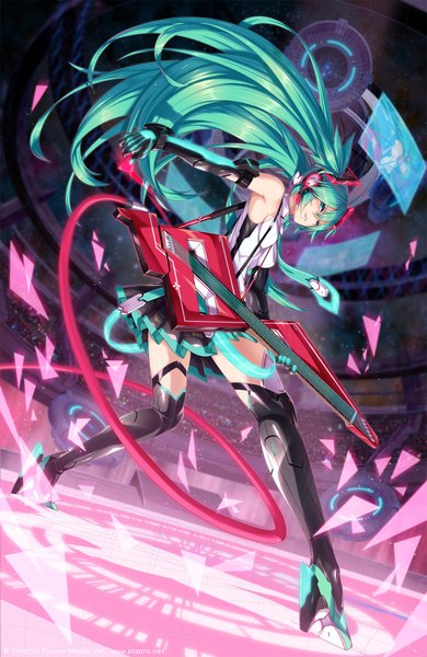 Anime picture 1302x2000 with vocaloid hatsune miku 2d (artist) single tall image twintails bare shoulders very long hair aqua eyes aqua hair girl skirt gloves hair ornament necktie elbow gloves headphones thigh boots guitar