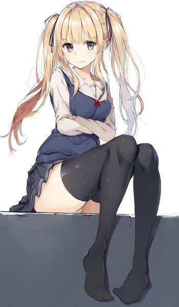 Anime picture 700x1200 with saenai heroine no sodatekata a-1 pictures sawamura spencer eriri rikoma single long hair tall image looking at viewer light erotic simple background blonde hair white background sitting purple eyes twintails payot full body bent knee (knees) pleated skirt pantyshot