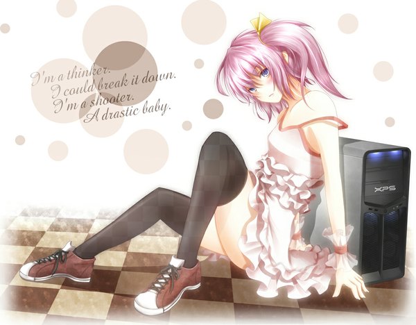 Anime picture 1000x781 with original shirayuki mutsumi single looking at viewer blush short hair blue eyes bare shoulders pink hair inscription strap slip checkered floor girl thighhighs dress black thighhighs computer