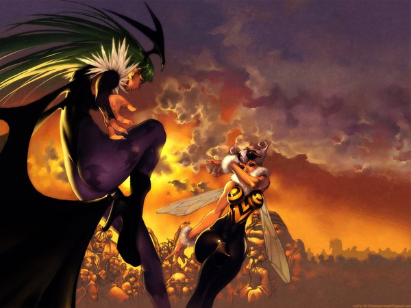 Anime picture 1600x1200 with vampire / darkstalkers (game) capcom morrigan aensland highres purple hair green hair demon girl head wings battle monster girl succubus antennae insect girl bee girl girl gloves wings q-bee bulleta