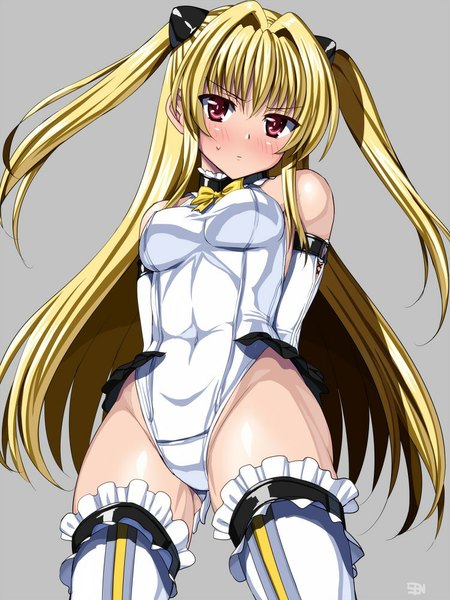 Anime picture 750x1000 with toloveru toloveru darkness dead or alive xebec konjiki no yami marie rose sen (sansui) single long hair tall image looking at viewer blush fringe breasts light erotic simple background blonde hair red eyes twintails bare shoulders