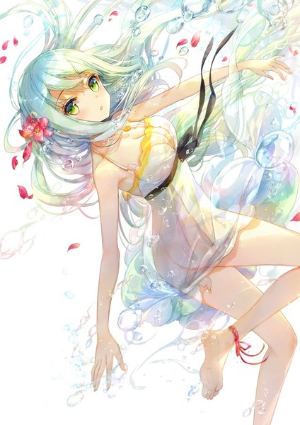 Anime picture 636x900 with original fuumi (radial engine) single long hair tall image looking at viewer light erotic green eyes cleavage ass white hair barefoot hair flower soles girl dress hair ornament flower (flowers) ribbon (ribbons) petals