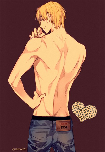 Anime picture 600x862 with kuroko no basket production i.g kise ryouta mashima shima single tall image looking at viewer short hair simple background blonde hair smile signed profile looking back from behind hand on hip topless bare back boy underwear