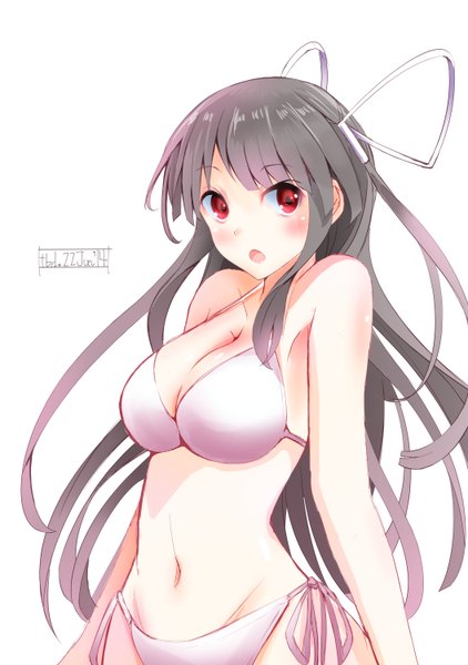 Anime picture 2112x3000 with kantai collection hiyou light aircraft carrier tebi (tbd11) single long hair tall image blush highres breasts open mouth light erotic black hair simple background red eyes white background signed looking away dated girl ribbon (ribbons)