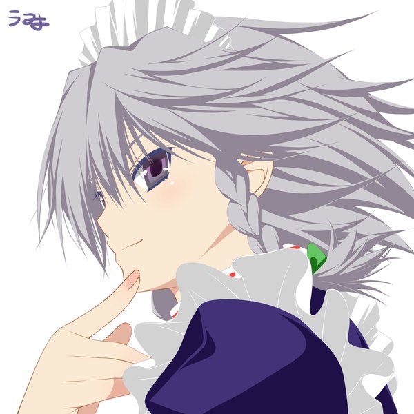 Anime picture 2000x2000 with touhou izayoi sakuya umyonge (lkakeu) single highres short hair simple background white background purple eyes braid (braids) grey hair maid twin braids finger to mouth girl headdress maid headdress