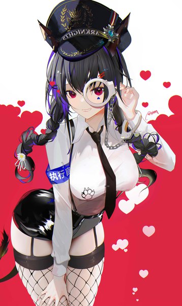 Anime picture 3400x5700 with arknights ch'en (arknights) omone hokoma agm single long hair tall image looking at viewer fringe highres breasts black hair simple background smile hair between eyes red eyes large breasts standing holding signed absurdres