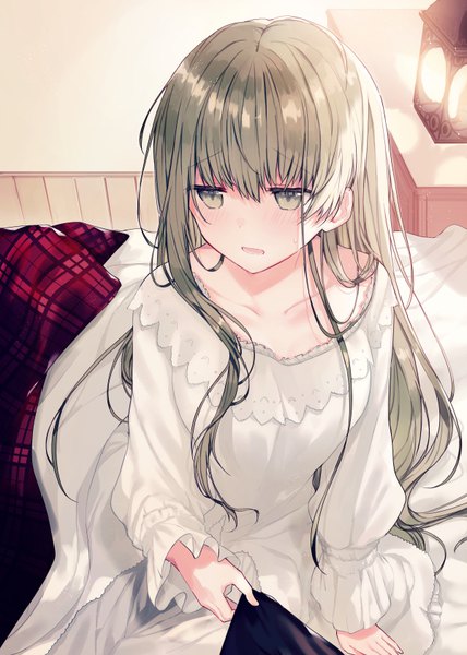 Anime picture 600x840 with shiro seijo to kuro bokushi cecilia (shiro seijo to kuro bokushi) teigi single long hair tall image blush fringe breasts open mouth hair between eyes sitting green eyes looking away indoors long sleeves green hair arm support light sweatdrop