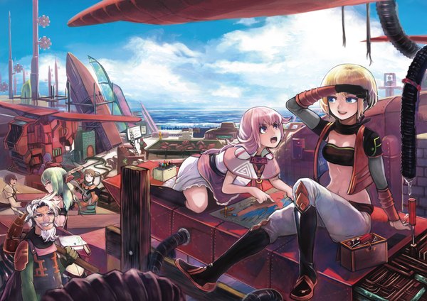 Anime picture 2315x1637 with original jinichi long hair highres short hair open mouth blue eyes blonde hair smile red eyes brown hair sitting pink hair cloud (clouds) white hair pink eyes green hair open clothes open jacket girl