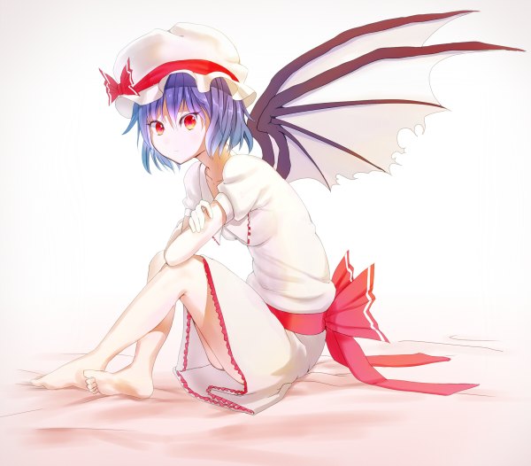 Anime picture 1200x1052 with touhou remilia scarlet single looking at viewer short hair red eyes white background purple hair barefoot bare legs legs girl dress bow wings bonnet