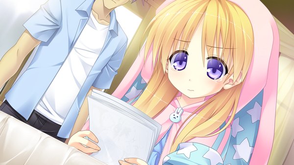 Anime picture 2560x1440 with otama! nipponbashi kirara long hair highres blonde hair wide image purple eyes game cg tears girl cap animal hat