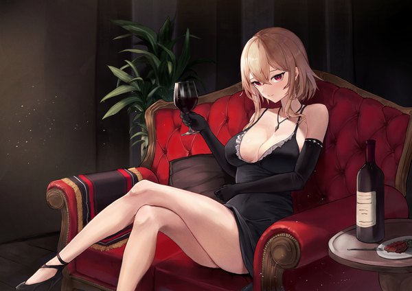 Anime picture 2047x1447 with blue oath prinz eugen (blue oath) shichi (ratorin53) single fringe highres short hair breasts light erotic blonde hair hair between eyes red eyes large breasts sitting bare legs crossed legs dust girl dress gloves