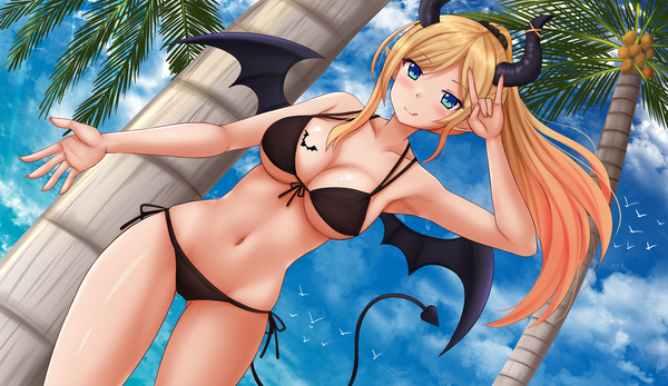Anime picture 1920x1113 with virtual youtuber hololive yuzuki choco kazenokaze single long hair looking at viewer blush fringe highres breasts light erotic blonde hair smile wide image large breasts standing bare shoulders payot sky