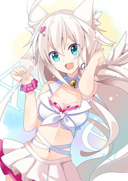 Anime picture 723x1023 with original anceril sacred nyori single tall image blush fringe breasts open mouth light erotic simple background smile hair between eyes animal ears white hair very long hair :d pleated skirt aqua eyes fang (fangs)