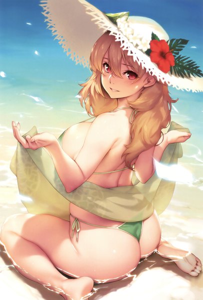 Anime picture 2368x3500 with original melonbooks sasaoka gungu single long hair tall image looking at viewer fringe highres breasts light erotic blonde hair hair between eyes red eyes large breasts sitting holding ass outdoors looking back