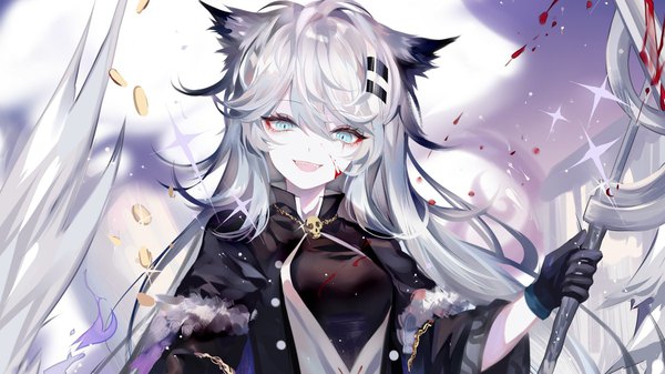 Anime picture 1200x674 with arknights lappland (arknights) lappland (refined horrormare) (arknights) sheya single long hair looking at viewer fringe open mouth blue eyes hair between eyes wide image holding animal ears silver hair upper body :d sparkle blood on face bloody weapon
