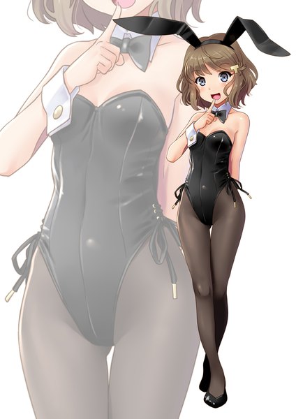 Anime picture 707x1000 with seishun buta yarou cloverworks koga tomoe katahira masashi single tall image looking at viewer blush fringe short hair breasts open mouth light erotic simple background smile brown hair standing white background bare shoulders animal ears