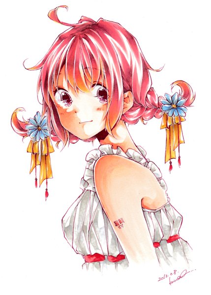 Anime picture 1203x1684 with original kawana (spicaboy) single tall image blush short hair simple background white background bare shoulders signed looking away pink hair ahoge braid (braids) pink eyes twin braids girl flower (flowers) ribbon (ribbons) hair ribbon