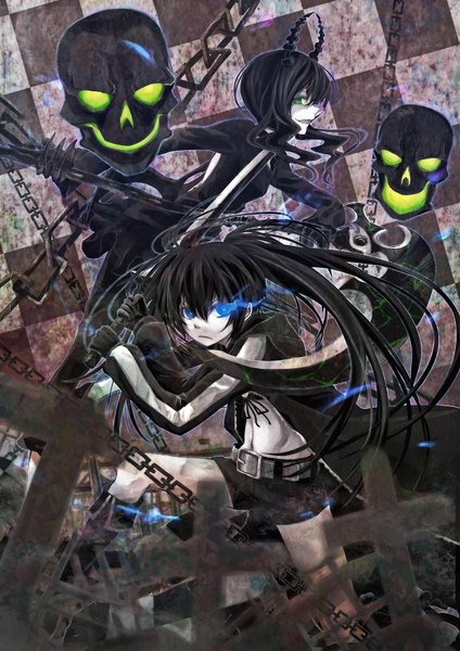 Anime picture 2480x3508 with black rock shooter black rock shooter (character) dead master arkas (artist) long hair tall image highres blue eyes black hair twintails multiple girls green eyes profile horn (horns) glowing glowing eye (eyes) checkered background girl navel weapon