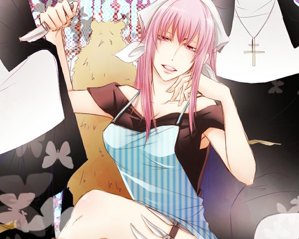 Anime picture 1024x819 with arakawa under the bridge shaft (studio) maria (arakawa) long hair looking at viewer open mouth smile sitting bare shoulders pink hair pink eyes girl hairband insect butterfly apron knife
