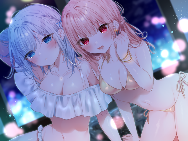 Anime picture 3360x2520 with original mafuyu (chibi21) long hair looking at viewer blush fringe highres breasts open mouth blue eyes light erotic red eyes large breasts sitting multiple girls pink hair absurdres white hair blunt bangs :d