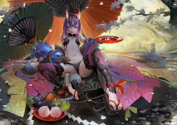 Anime picture 1181x835 with fate (series) fate/grand order shuten douji (fate) qmo (chalsoma) single looking at viewer fringe short hair light erotic sitting purple eyes purple hair traditional clothes japanese clothes horn (horns) spread legs oni horns toenails oni girl