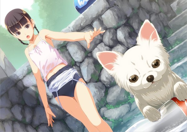Anime picture 1313x928 with original sody (artist) single short hair open mouth black hair standing outdoors braid (braids) black eyes dutch angle twin braids girl swimsuit one-piece swimsuit stairs dog camisole