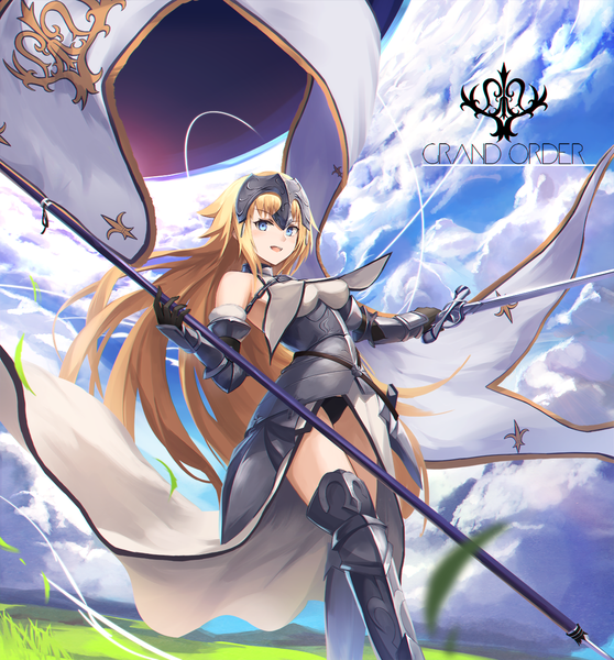 Anime picture 1200x1291 with fate (series) fate/apocrypha jeanne d'arc (fate) (all) jeanne d'arc (fate) eruthika single tall image looking at viewer fringe open mouth blue eyes light erotic blonde hair standing bare shoulders holding sky cloud (clouds) outdoors very long hair