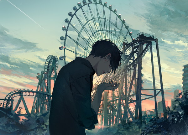Anime-Bild 1000x719 mit original tonegawasan single fringe short hair open mouth black hair sky cloud (clouds) upper body outdoors head tilt profile black eyes tears evening looking down crying ruins condensation trail