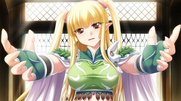 Anime picture 1024x576 with kamidori alchemy meister seravalwie endorse long hair blonde hair wide image twintails brown eyes game cg pointy ears girl